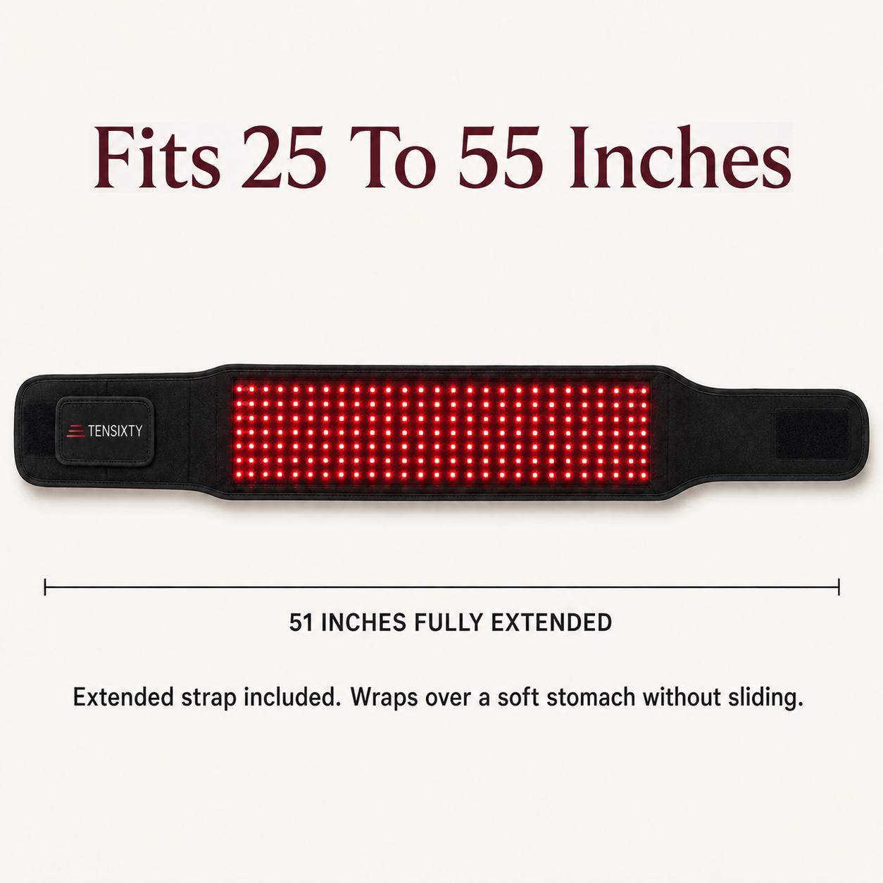 TENSIXTY LumaLean Ultra fit guide showing a 25 to 55 inch range and the belt fully extended